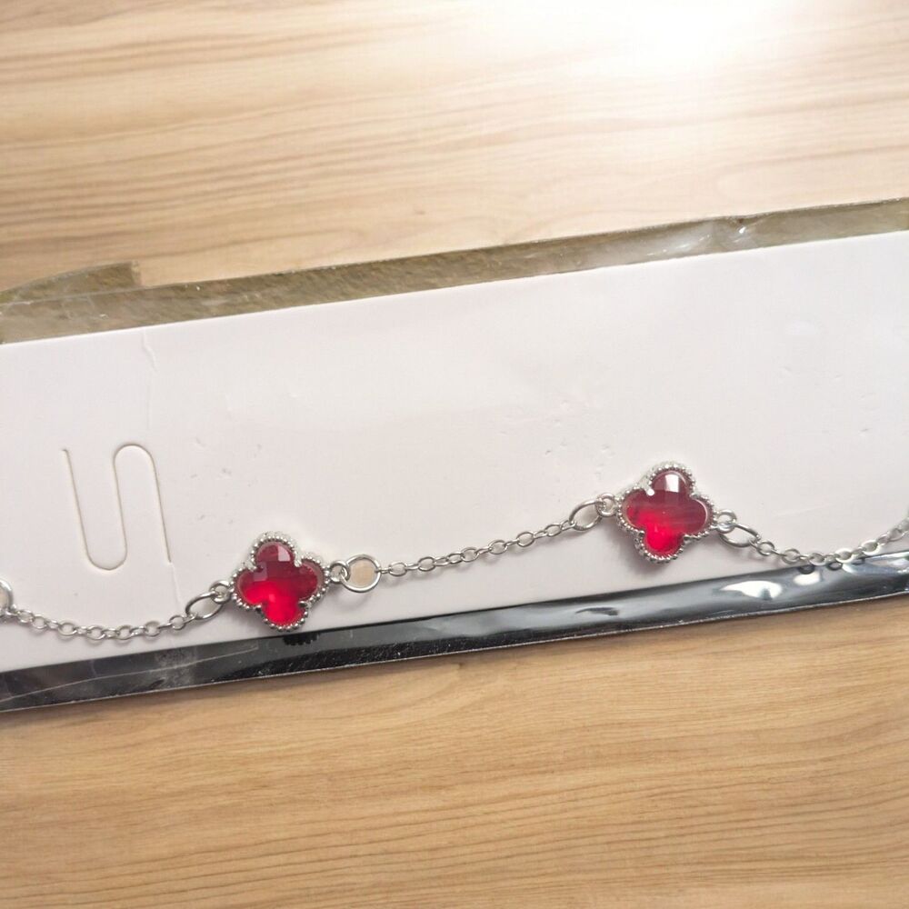 Red Clover Charm Bracelet | Silver Tone Chain Jewelry - Picture 2 of 3